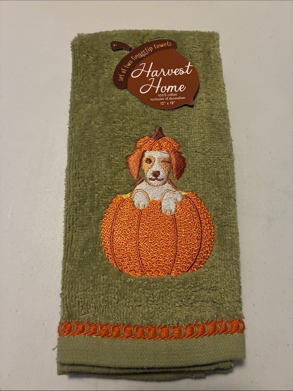 Olive Green Embroidered Pumpkin Dog Fingertip Towel